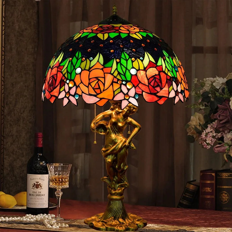 Tiffany Stained Glass Red Roses Table Lamp - Elegant Mediterranean-Style Nightstand Light for Bedrooms Hotels  Living Rooms