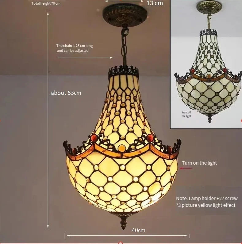 Mediterranean Vintage Stained Glass Chandelier Pendant Lamp for Living Room Bedroom or Dining Room