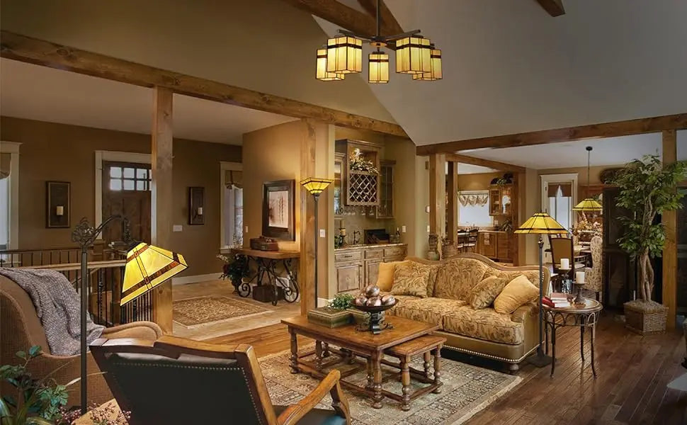 Stained Glass Mission Style Floor Lamp with 2 Light Sockets  Pull Chains - 65in Standing Lamp