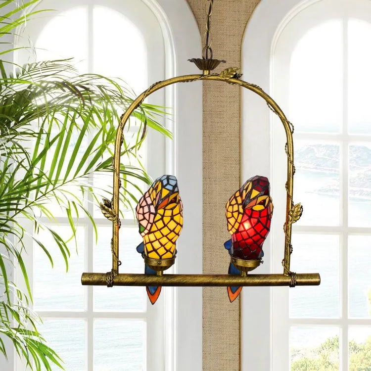 Stained Glass Parrot Chandelier  Creative Retro Bird Pendant Light for Bars and Restaurants Tiffany Style Glass Fixture Indoor Decorative Lamp