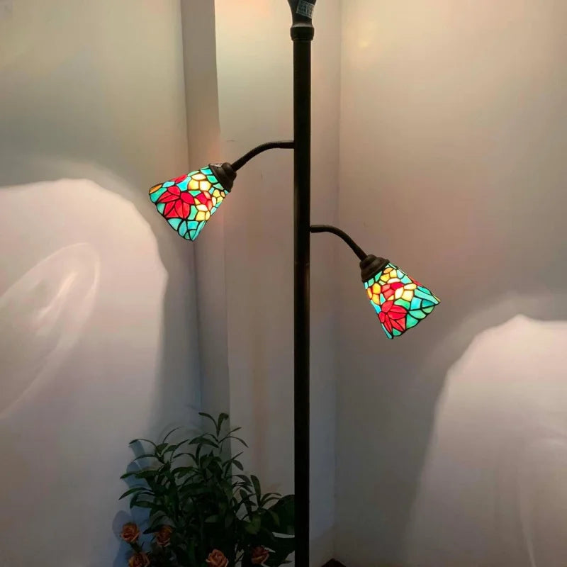 Maple Tree Leaves Tiffany-style Stained Glass Torchiere Floor Lamp with Sidelights - 70in Elegant Home Decor