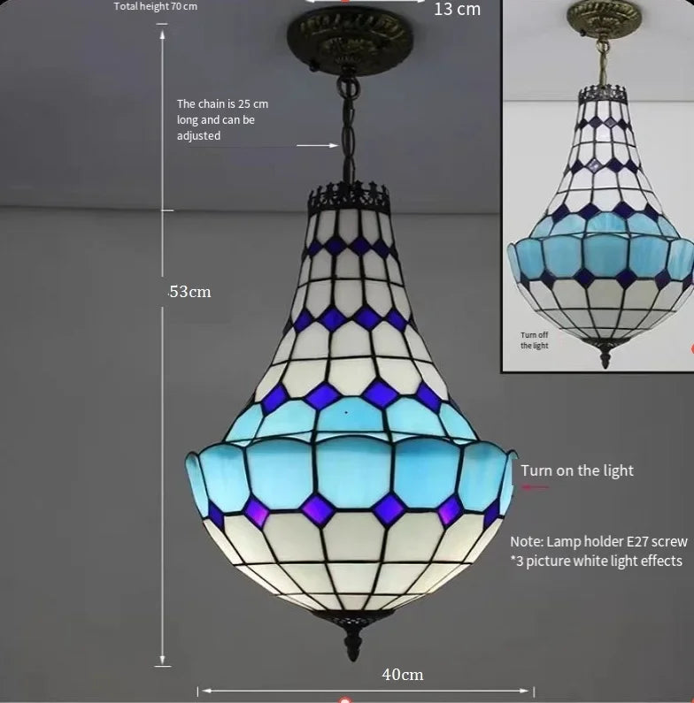 Mediterranean Vintage Stained Glass Chandelier Pendant Lamp for Living Room Bedroom or Dining Room