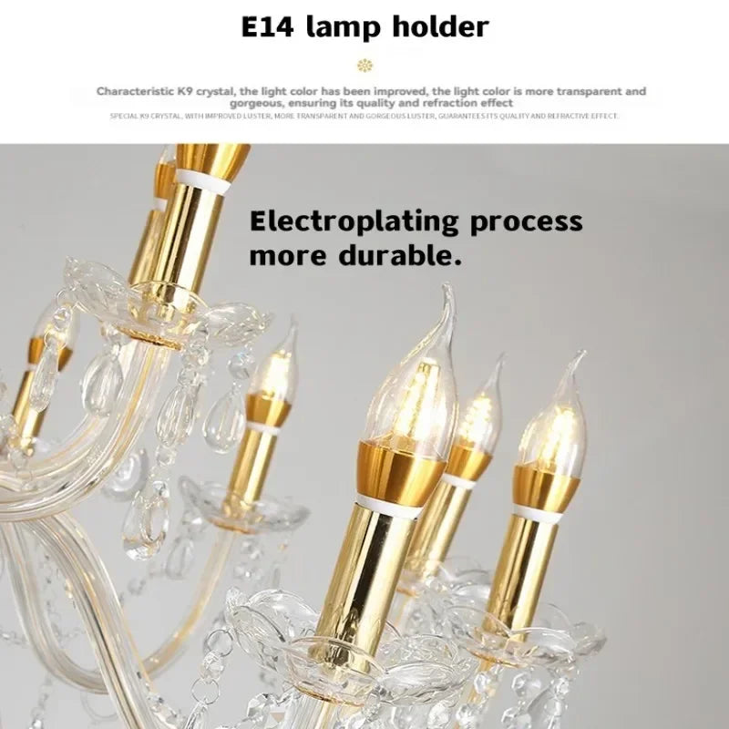 Gold Crystal Candelabra Ceiling Chandelier for Bedroom Dining Room Living Room Classic Crystal Candle Pendant Chandeliers