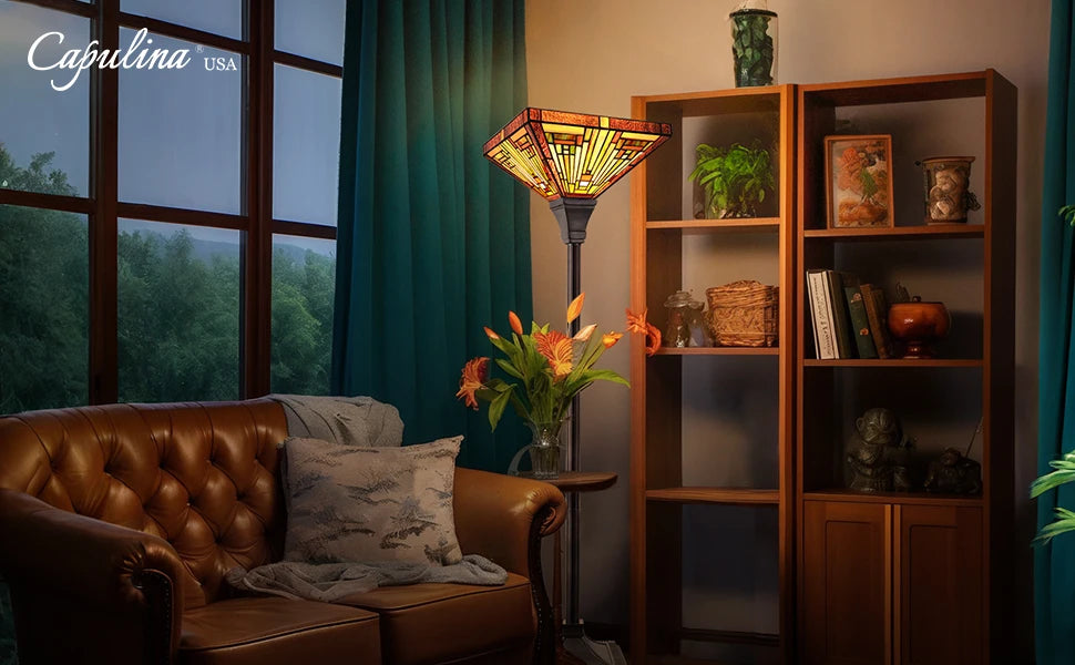 Industrial Blackish Bronze Floor Lamp with Handcrafted Amber Brown Stained Glass Shade - 70in Tall Elegant Tiffany Style Lighting for Home Decor