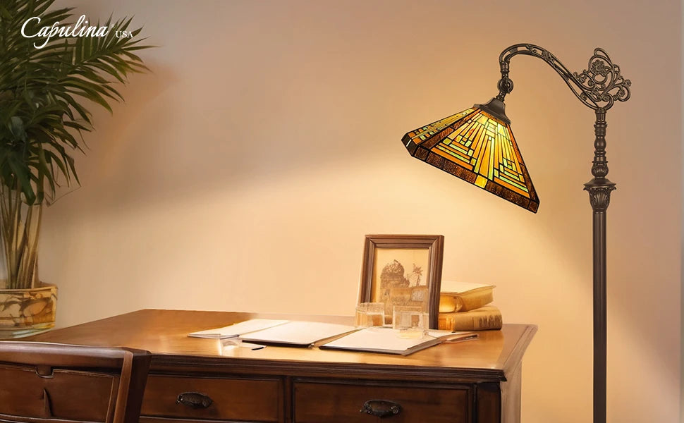 Antique Mission Style Floor Lamp with Adjustable Arched Arm  Stained Glass Shade for Soft Ambient Lighting