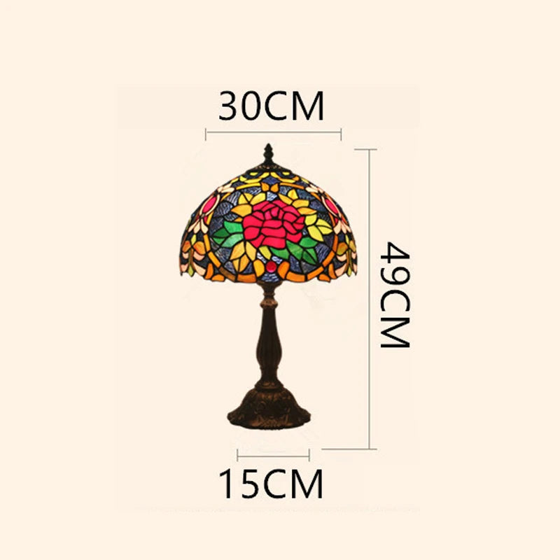 Tiffany Stained Glass Red Rose Lamp - Elegant Mediterranean Nightstand  Desk Light with Hand-Knitted Shade Durable Iron Base and Romantic Floral Design