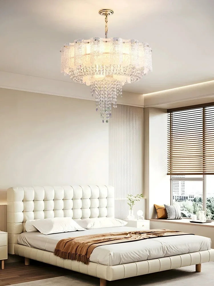Modern Round Oval Crystal Chandelier Luxurious Frosted Glass LED Lighting for Living Room Dining Room or Bedroom