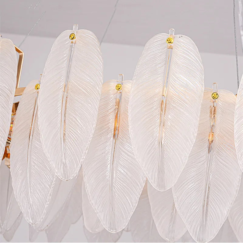 Feather Glass and Gold Metal Modern Luxury Pendant Light - Chic Chandelier for Living Room and Bedroom Décor