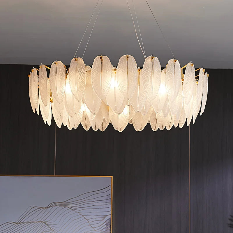 Feather Glass and Gold Metal Modern Luxury Pendant Light - Chic Chandelier for Living Room and Bedroom Décor
