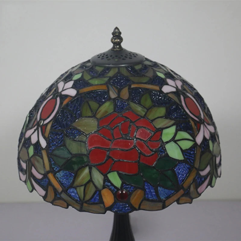 Tiffany Stained Glass Red Rose Lamp - Elegant Mediterranean Nightstand  Desk Light with Hand-Knitted Shade Durable Iron Base and Romantic Floral Design