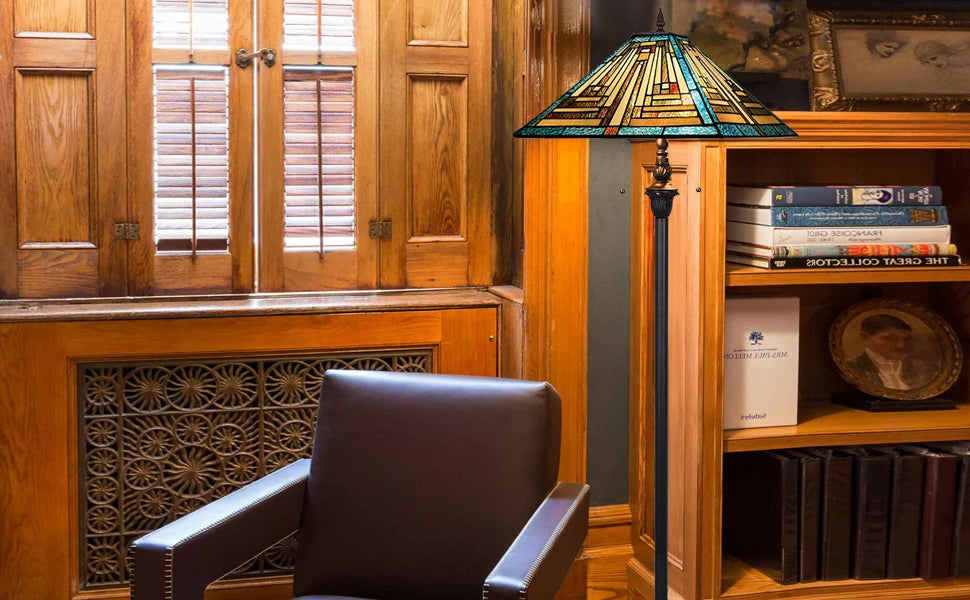 Mission Style Green Stained Glass Floor Lamp - Antique Double Light Reading Lamp with Handcrafted Elegance for Home Decor