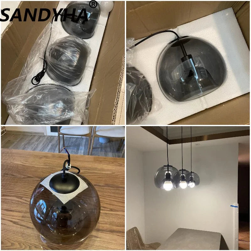 Glass LED Ceiling Chandelier Black Pendant Lamp for Living Room Dining Table Kitchen Bedroom Modern Gray Art Hanging Light