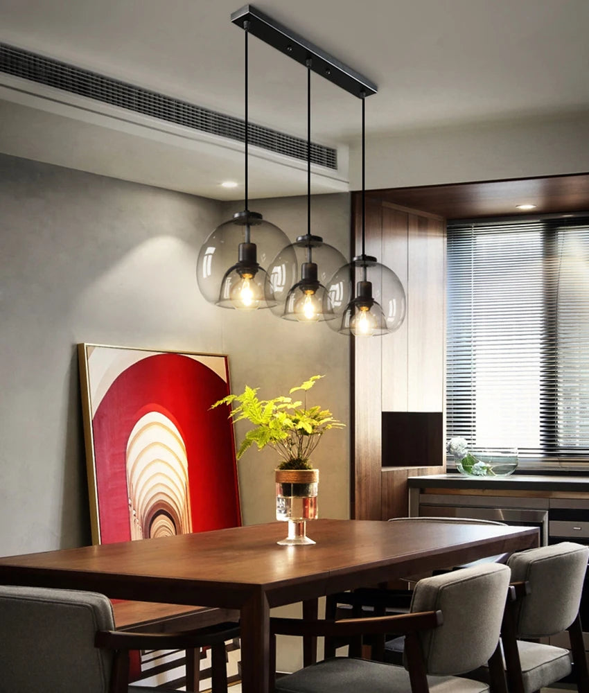 Glass LED Ceiling Chandelier Black Pendant Lamp for Living Room Dining Table Kitchen Bedroom Modern Gray Art Hanging Light