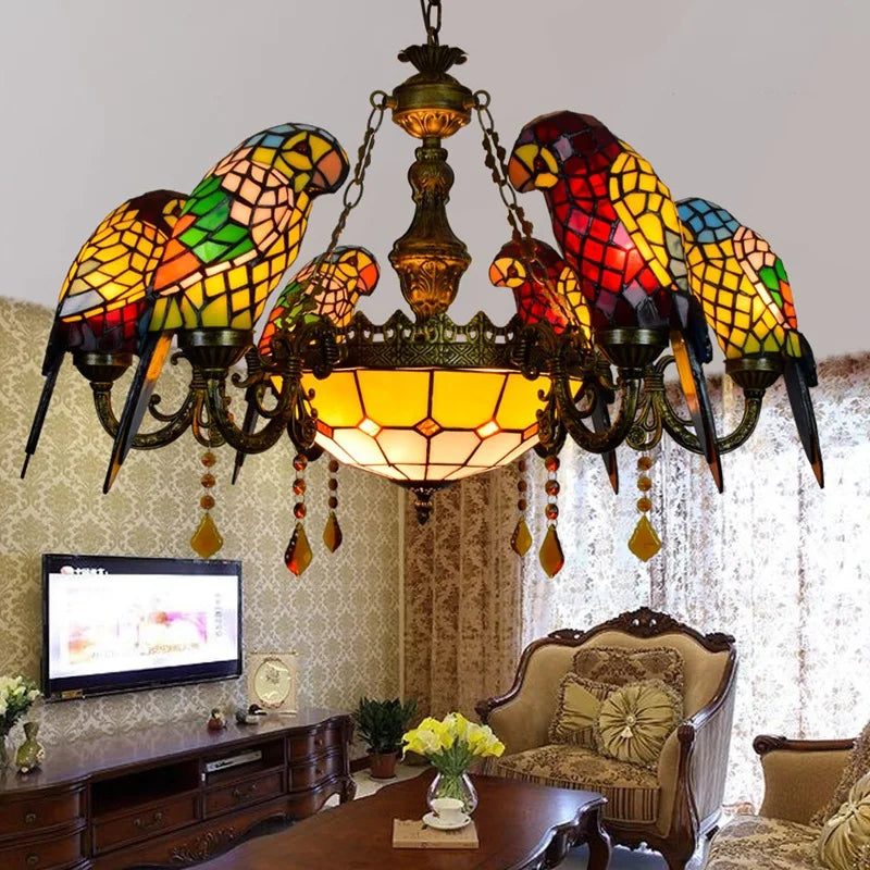 Stained Glass Parrot Chandelier  Creative Retro Bird Pendant Light for Bars and Restaurants Tiffany Style Glass Fixture Indoor Decorative Lamp