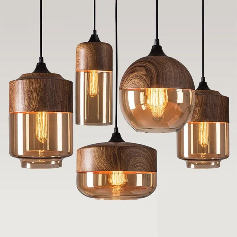 Modern LED Pendant Light Fixtures Nordic Glass Wood Chandelier for Living and Dining Room Light Bedroom Wood Color Hanging Lamp