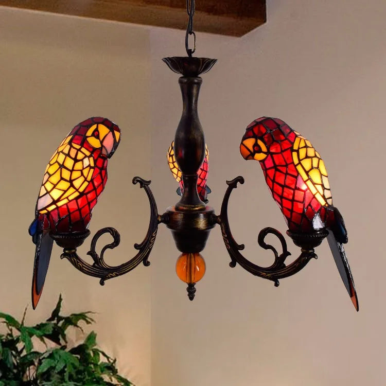Stained Glass Parrot Chandelier  Creative Retro Bird Pendant Light for Bars and Restaurants Tiffany Style Glass Fixture Indoor Decorative Lamp
