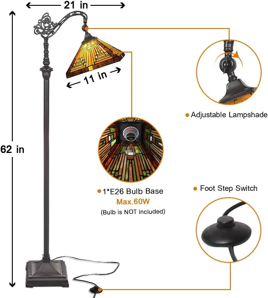 Antique Mission Style Floor Lamp with Adjustable Arched Arm  Stained Glass Shade for Soft Ambient Lighting