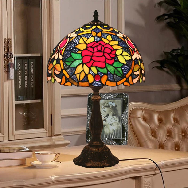 Tiffany Stained Glass Red Rose Lamp - Elegant Mediterranean Nightstand  Desk Light with Hand-Knitted Shade Durable Iron Base and Romantic Floral Design