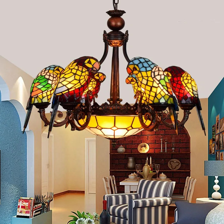 Stained Glass Parrot Chandelier  Creative Retro Bird Pendant Light for Bars and Restaurants Tiffany Style Glass Fixture Indoor Decorative Lamp