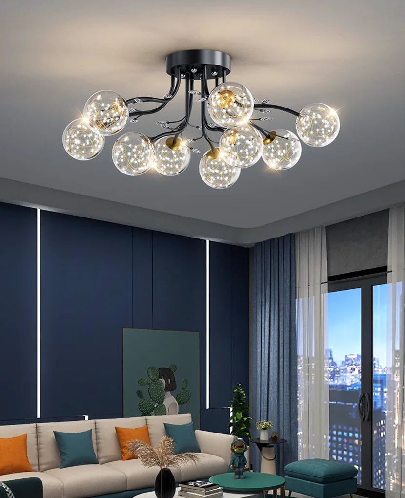 Black Gold Chandeliers Clear Star Milk White Glass Ball Ceiling Lamp with Crystal Living Room Decor Pendant Lights
