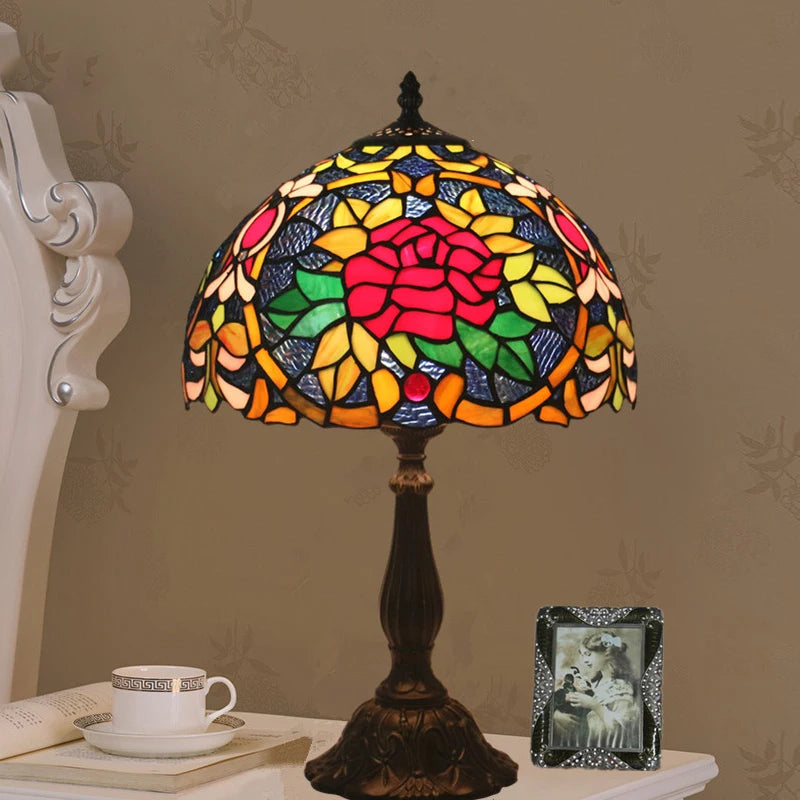 Tiffany Stained Glass Red Rose Lamp - Elegant Mediterranean Nightstand  Desk Light with Hand-Knitted Shade Durable Iron Base and Romantic Floral Design