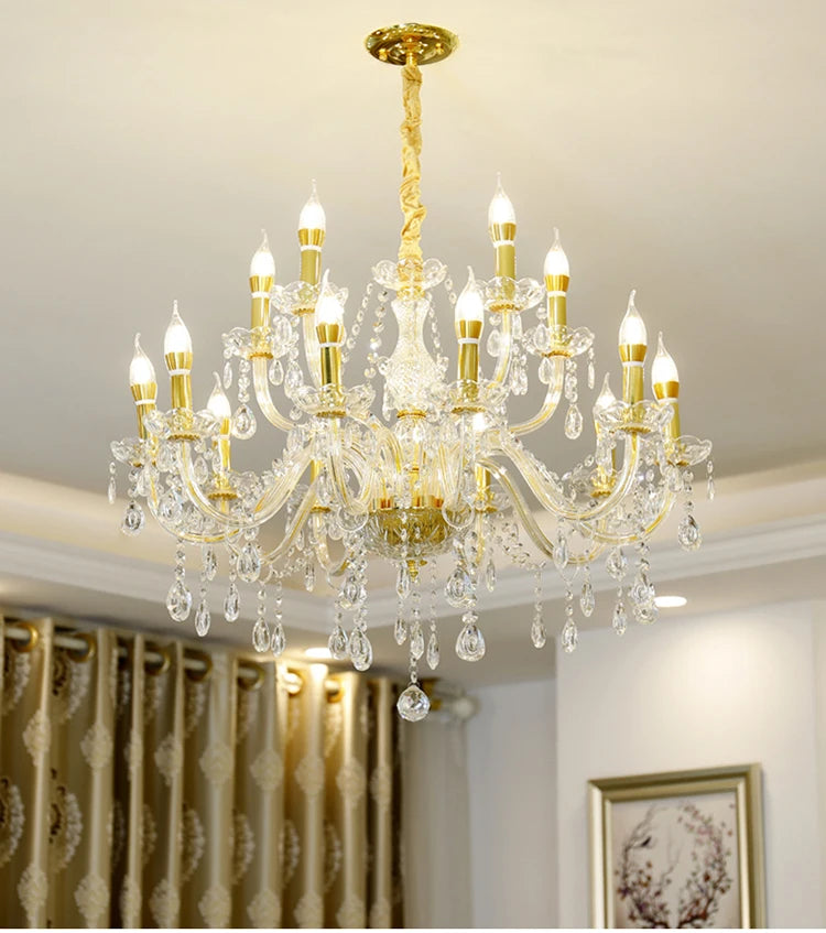 Gold Crystal Candelabra Ceiling Chandelier for Bedroom Dining Room Living Room Classic Crystal Candle Pendant Chandeliers