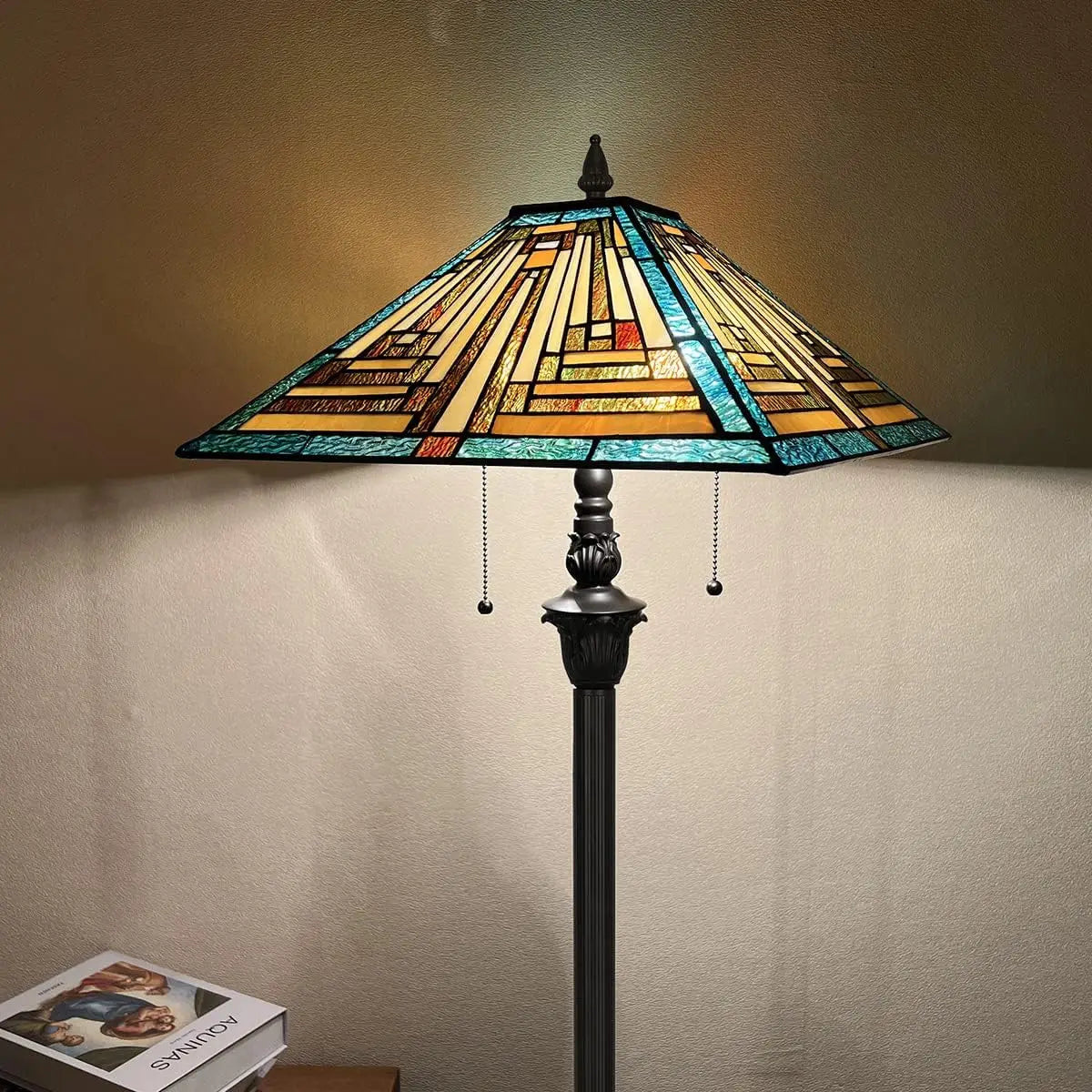 Mission Style Green Stained Glass Floor Lamp - Antique Double Light Reading Lamp with Handcrafted Elegance for Home Decor