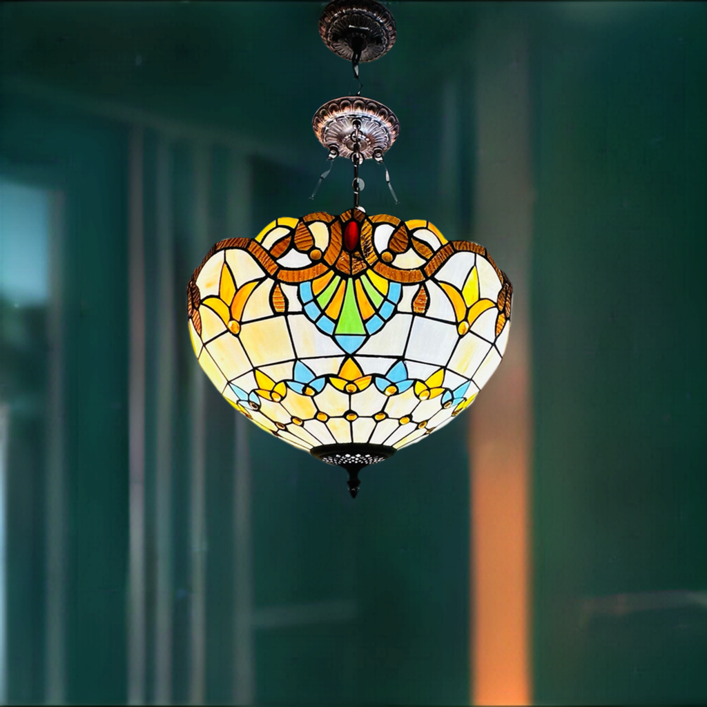Tiffany Style Inverted Pendant Light - 16in Vibrant Stained Glass Shade with Antique Bronze Finish  Dual Bulb Fixtures