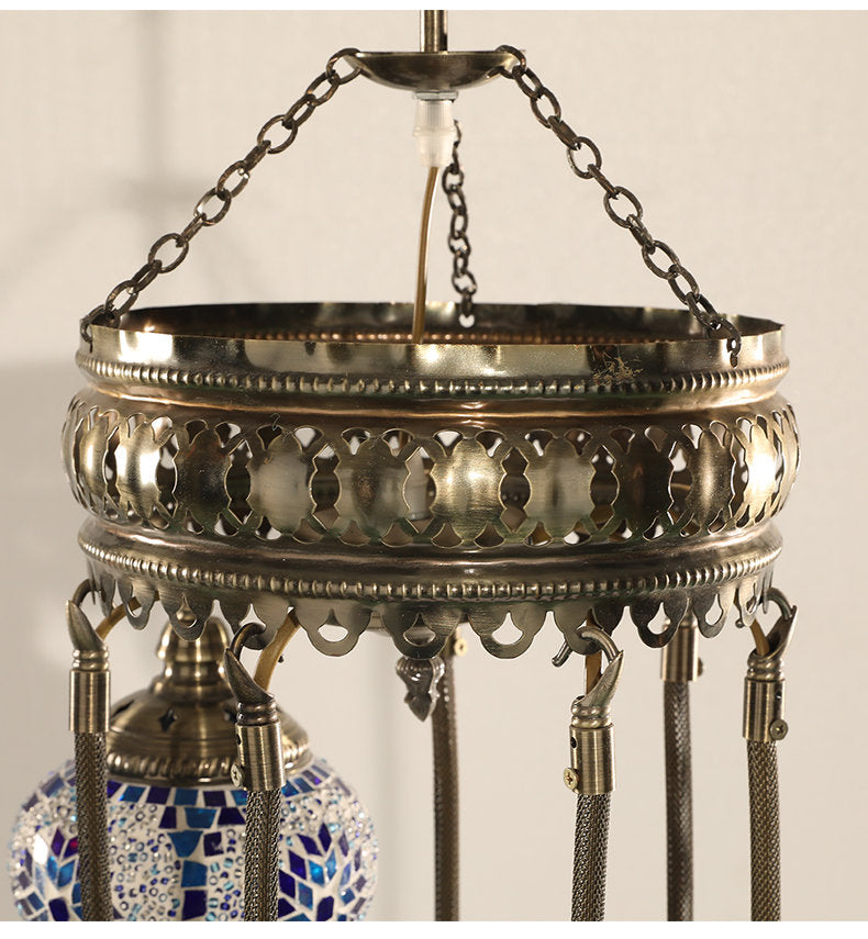 Chandelier Helical 7 Globes Turkish Moroccan Style Mosaic Multicolored Light