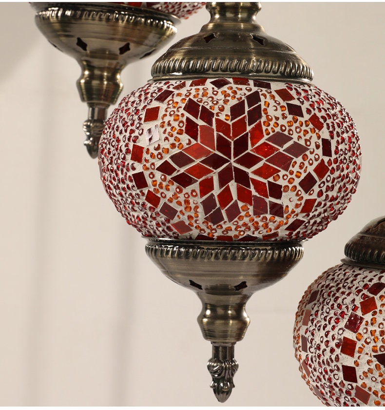Chandelier Helical 9 Globes Turkish Moroccan Style Mosaic Multicolored Light