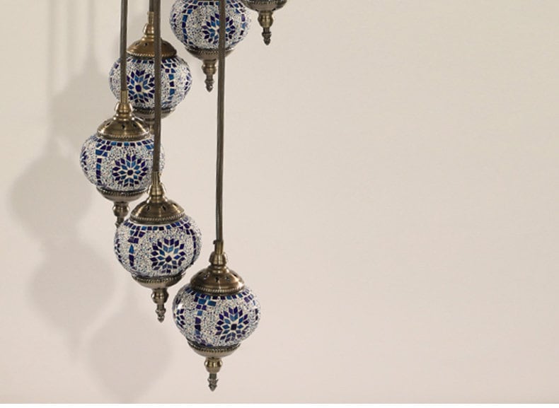 Chandelier Helical 7 Globes Turkish Moroccan Style Mosaic Multicolored Light