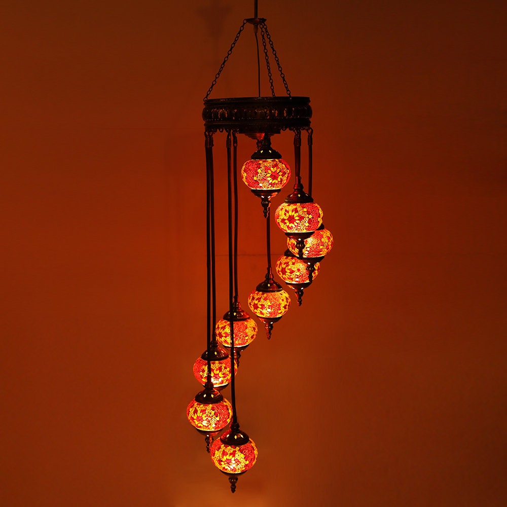 Chandelier Helical 9 Globes Turkish Moroccan Style Mosaic Multicolored Light