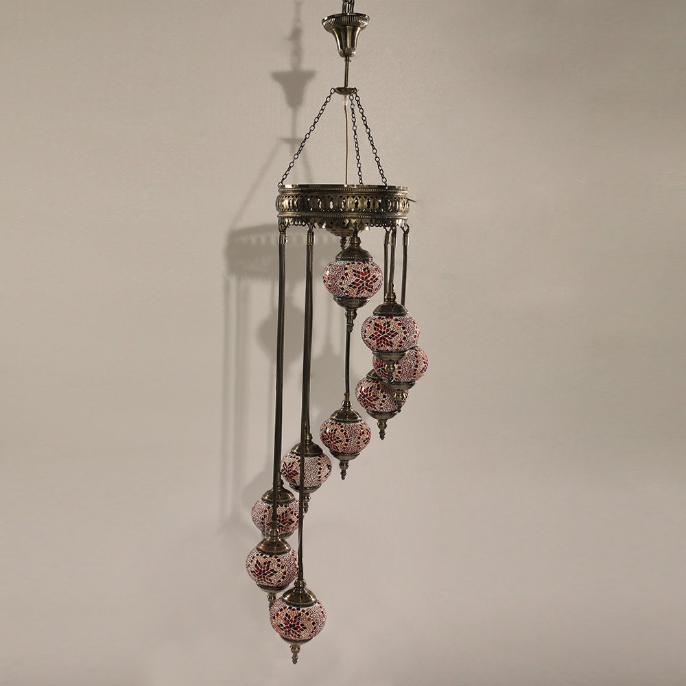 Chandelier Helical 9 Globes Turkish Moroccan Style Mosaic Multicolored Light
