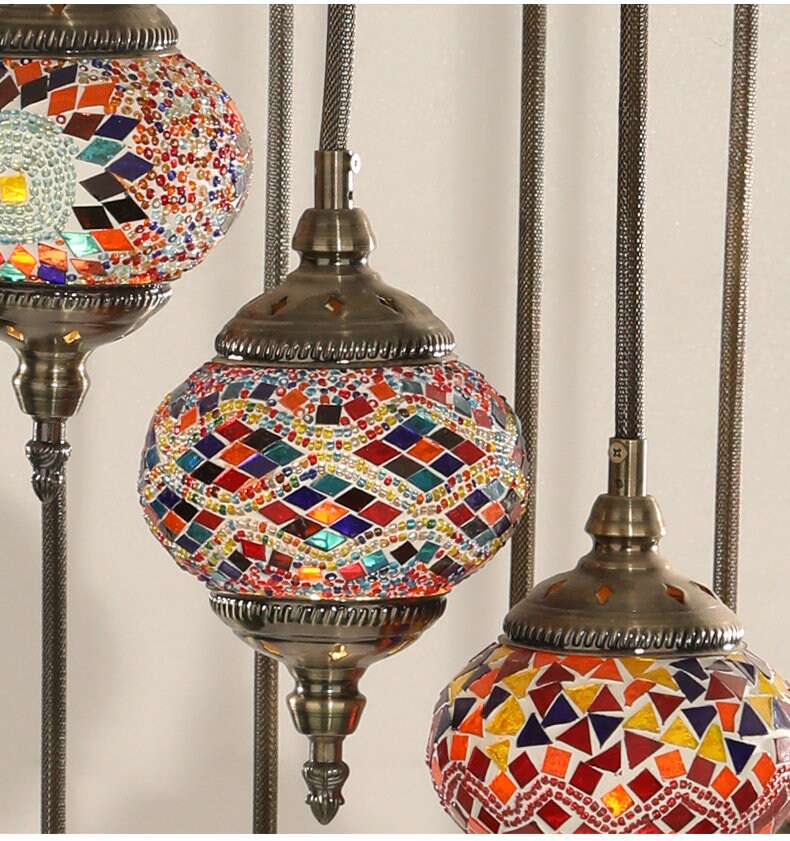 Chandelier Helical 11 Globes Turkish Moroccan Style Mosaic Multicolored Light