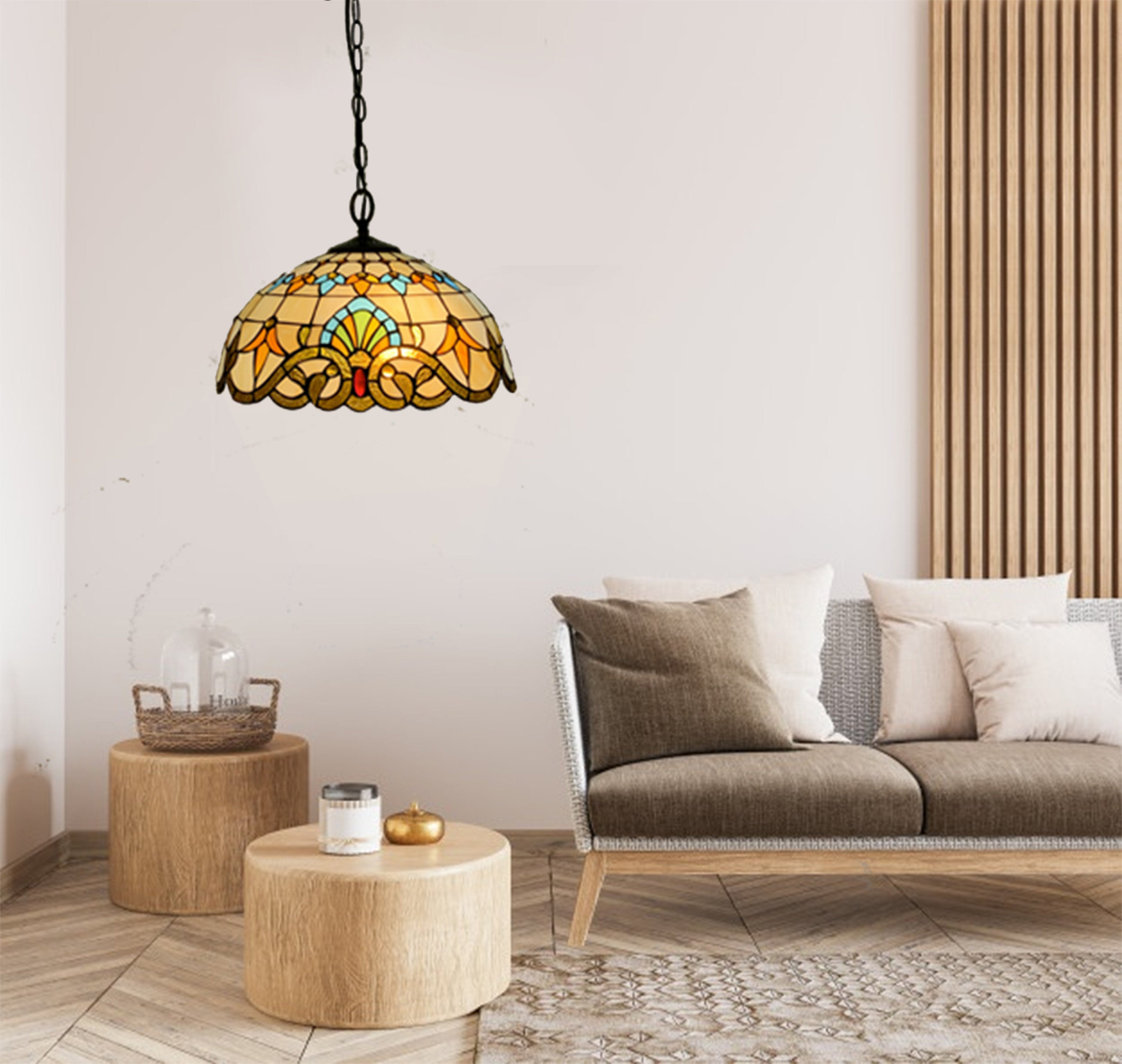 Crown Tiffany Hanging Lamp 16in, Leadglass Stained Glass Shade, Crystal Bead Lampshade, Chandelier, Pendant Light, Living Room Kitchen Lamp