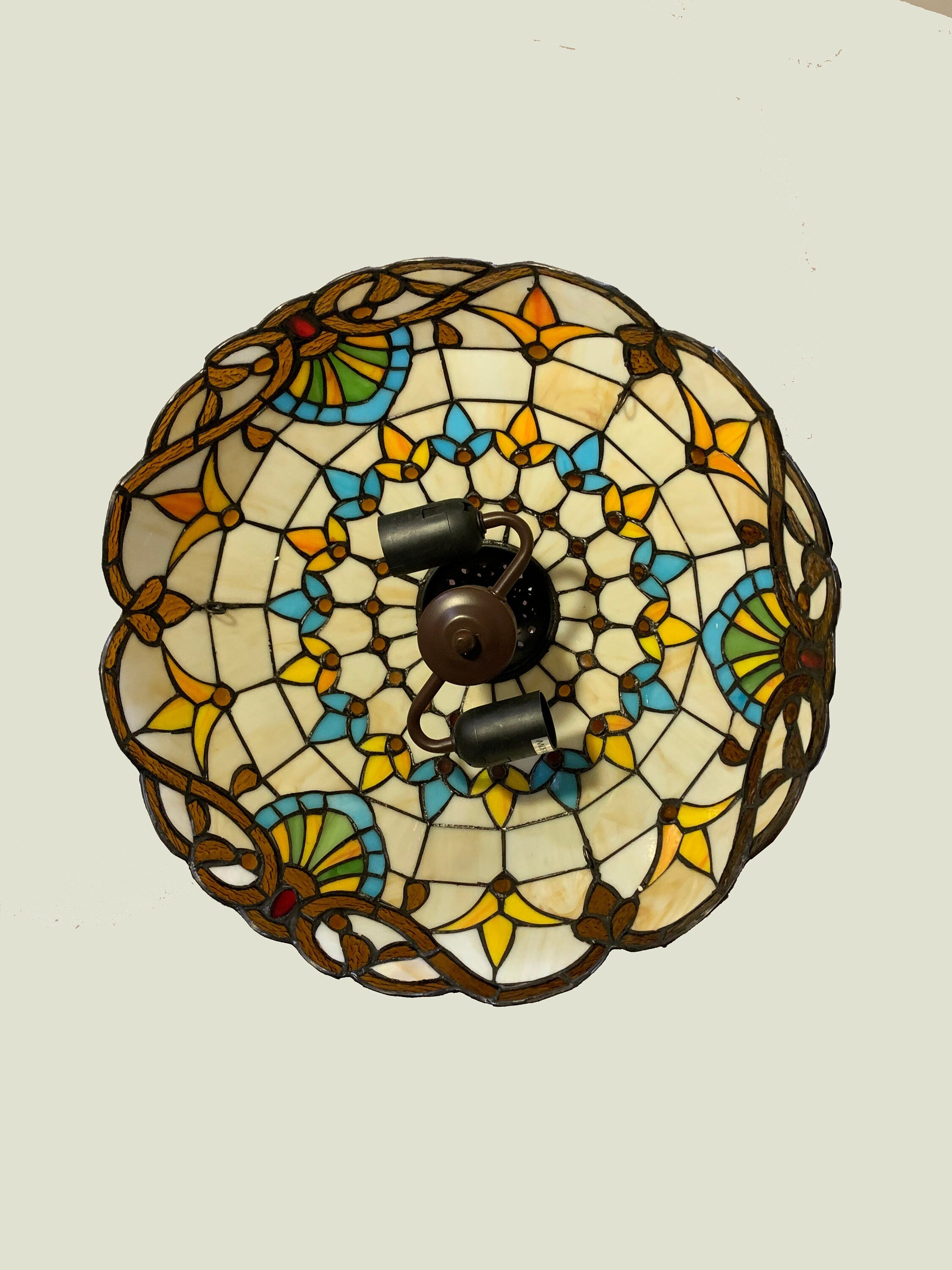 Crown Tiffany Hanging Lamp 16in, Leadglass Stained Glass Shade, Crystal Bead Lampshade, Chandelier, Pendant Light, Living Room Kitchen Lamp