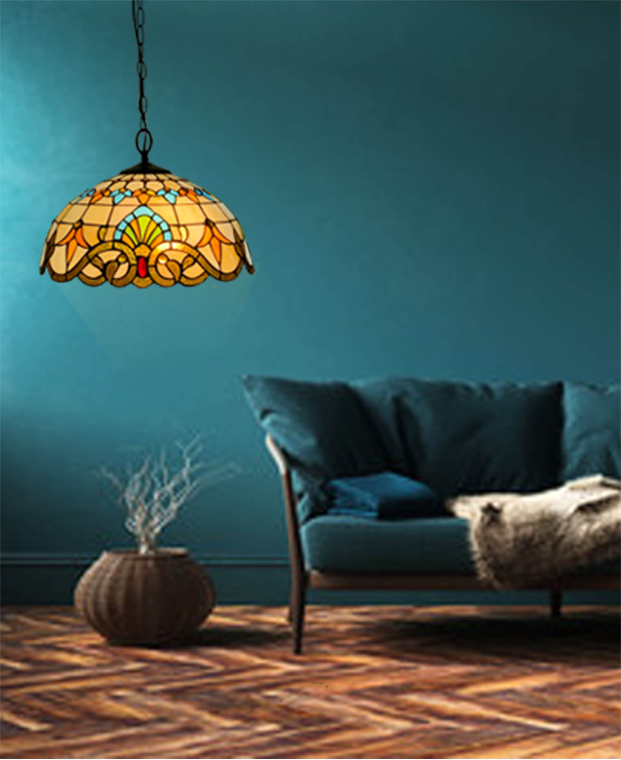 Crown Tiffany Hanging Lamp 16in, Leadglass Stained Glass Shade, Crystal Bead Lampshade, Chandelier, Pendant Light, Living Room Kitchen Lamp