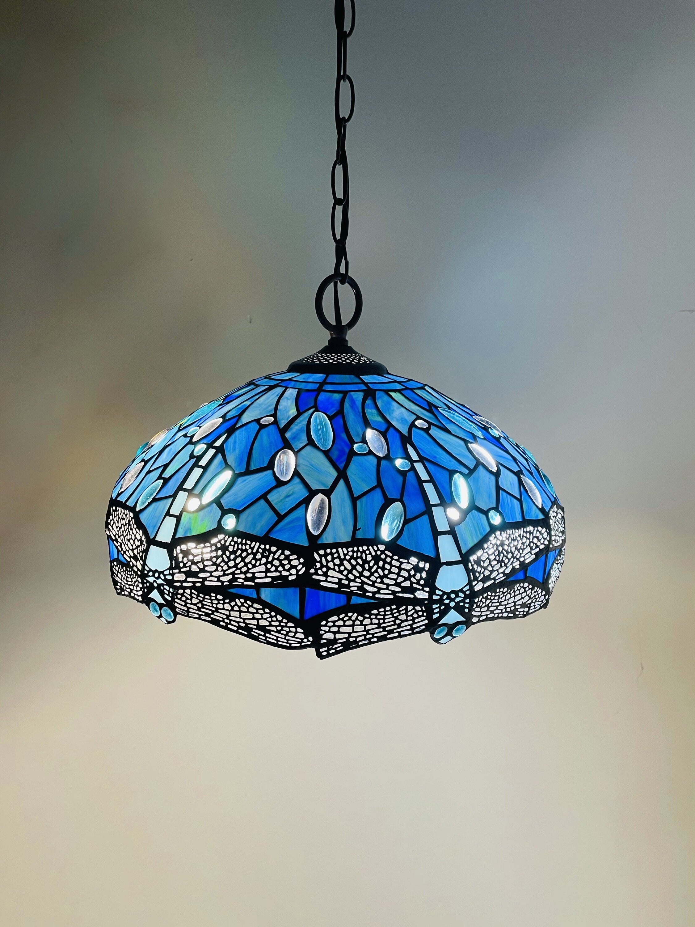 Sea Blue Dragonfly Tiffany Hanging Lamp 16in, Leadglass Stained Glass Shade, Crystal Bead Lampshade, Pendant, Chandelier, Hampton, Beach