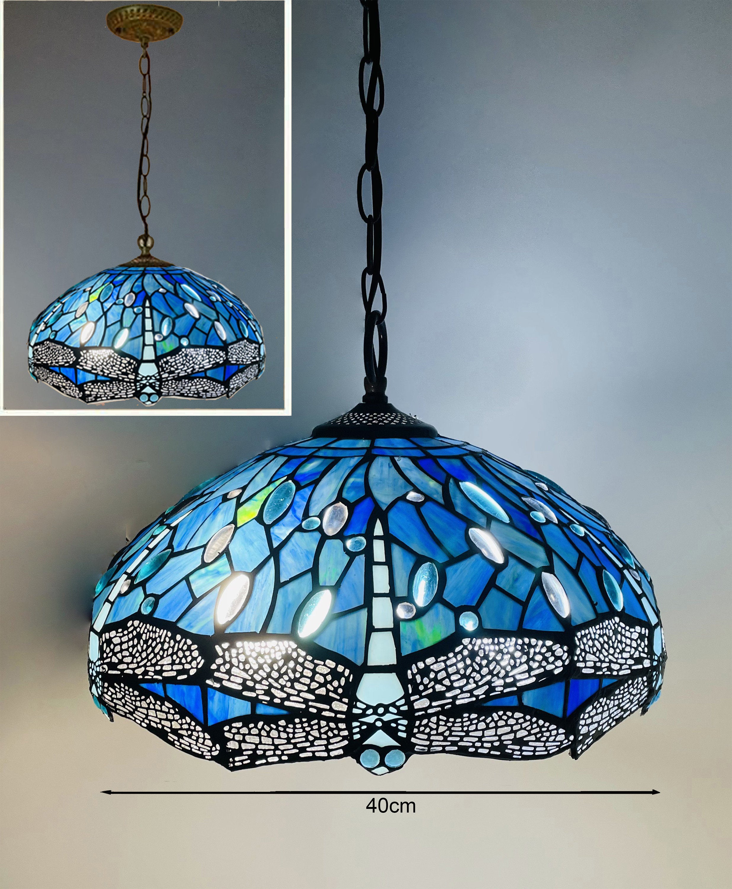 Sea Blue Dragonfly Tiffany Hanging Lamp 16in, Leadglass Stained Glass Shade, Crystal Bead Lampshade, Pendant, Chandelier, Hampton, Beach