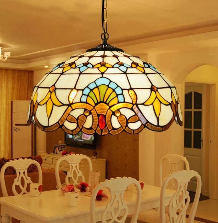 Crown Tiffany Hanging Lamp 16in, Leadglass Stained Glass Shade, Crystal Bead Lampshade, Chandelier, Pendant Light, Living Room Kitchen Lamp