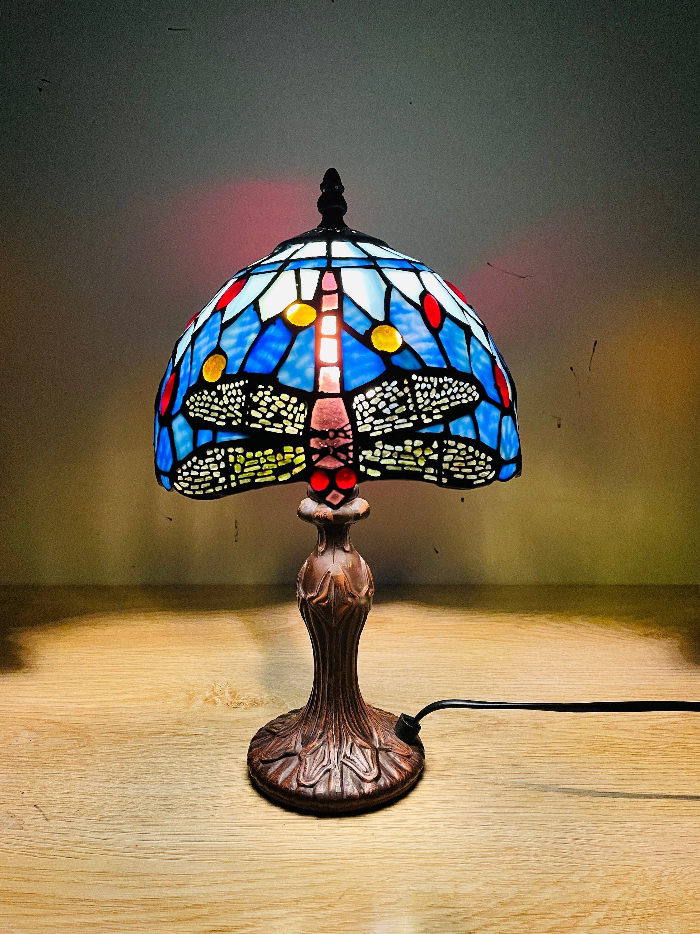 Sky Blue Tiffany Lamp, Dragonfly Style Lamp, Stained Glass, Crystal Bead Lampshade, Stained Glass Lamp Shade, Bedside Lamp,