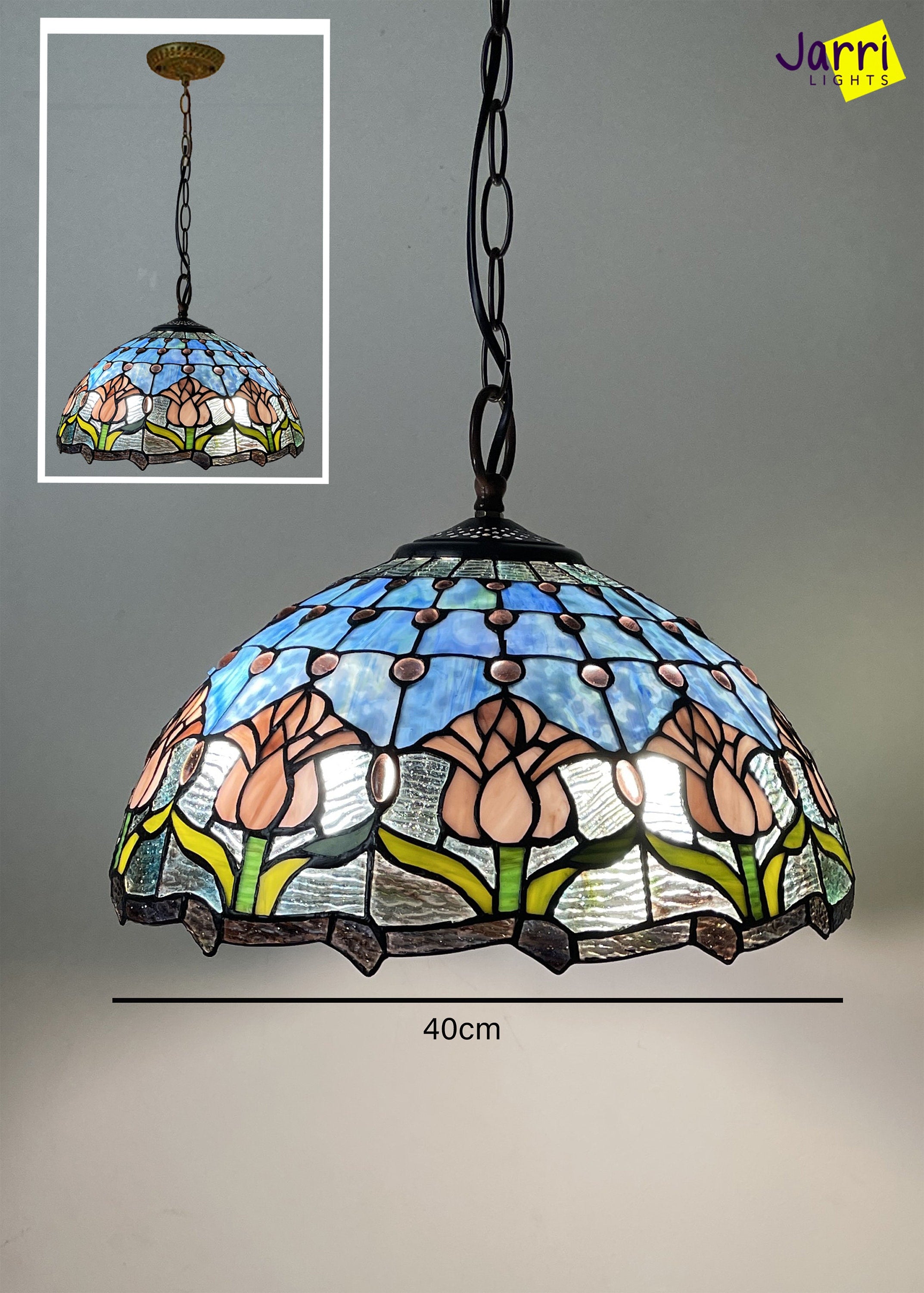 Tulips Tiffany Hanging Lamp 16in, Leadglass Stained Glass Shade, Crystal Bead Lampshade, Chandelier, Pendant Light, Living Room Kitchen Lamp