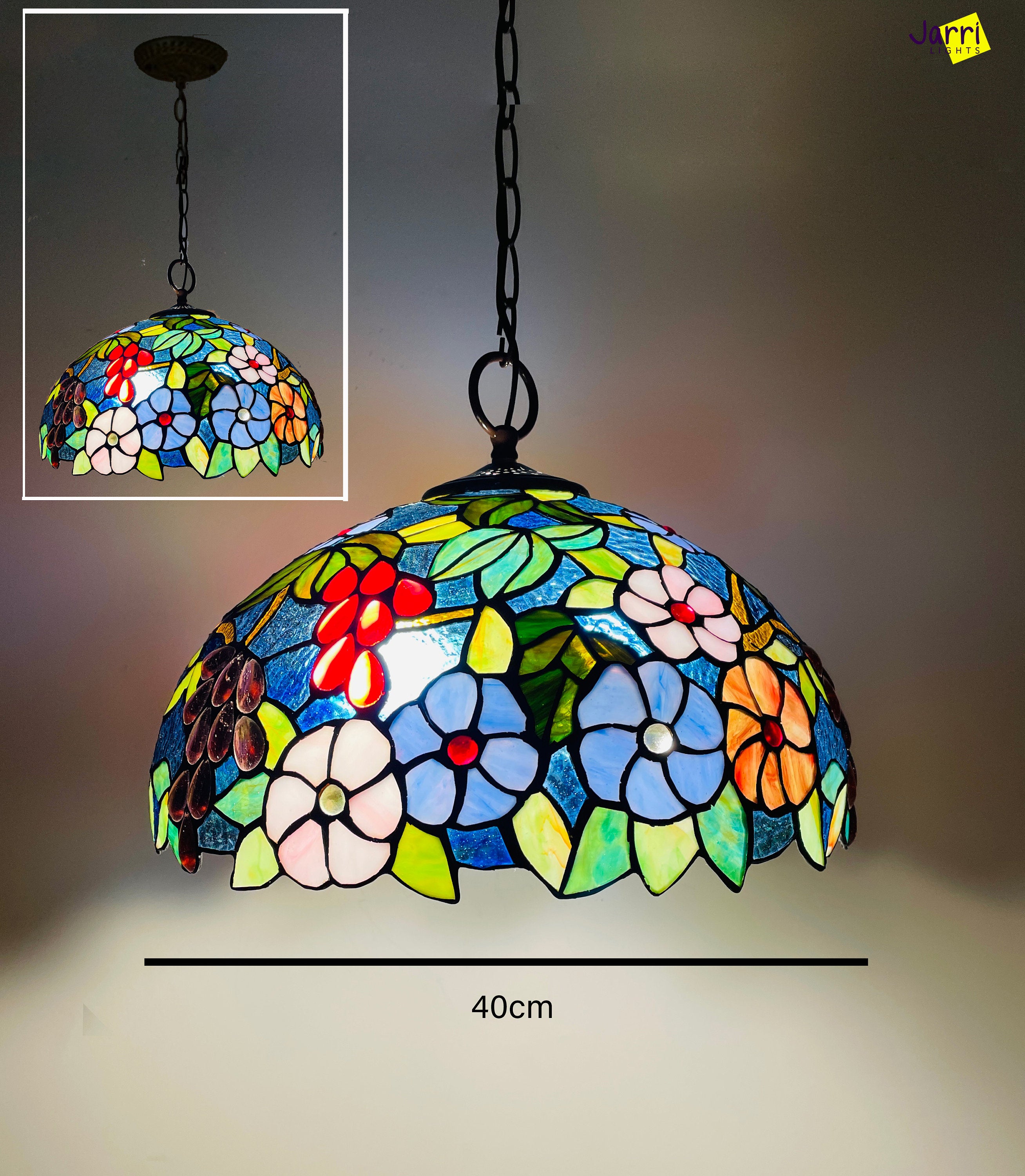 Tiffany Hanging Lamp 16in, Roses with Grapes Leadglass Stained Glass Crystal Bead Lampshade, Chandelier, Pendant Light, Dining Kitchen Lamp