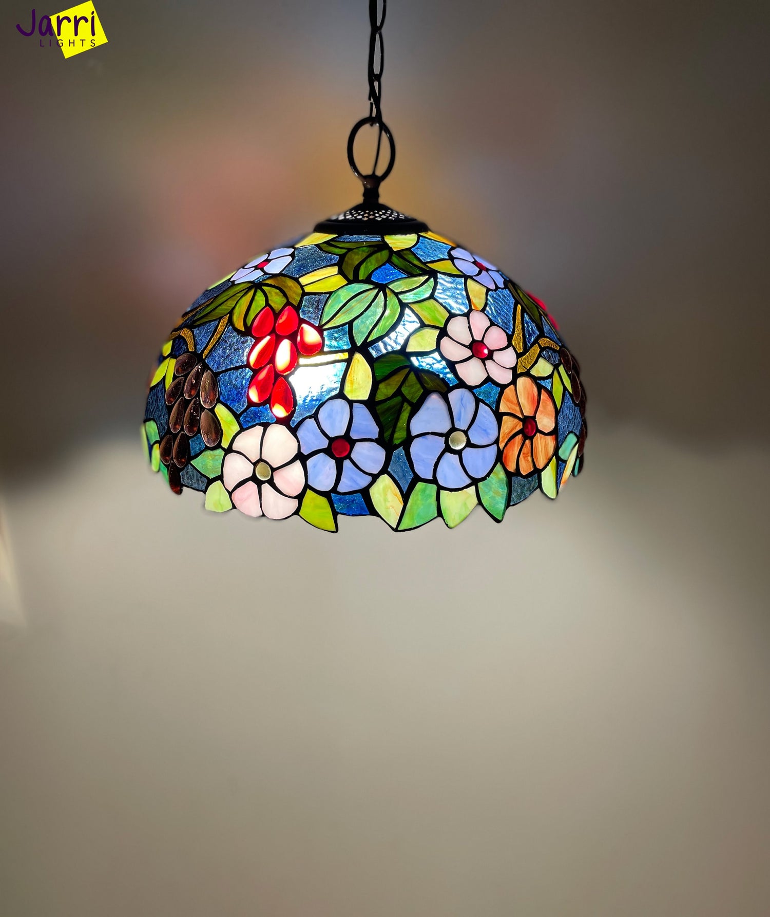 Tiffany Hanging Lamp 16in, Roses with Grapes Leadglass Stained Glass Crystal Bead Lampshade, Chandelier, Pendant Light, Dining Kitchen Lamp