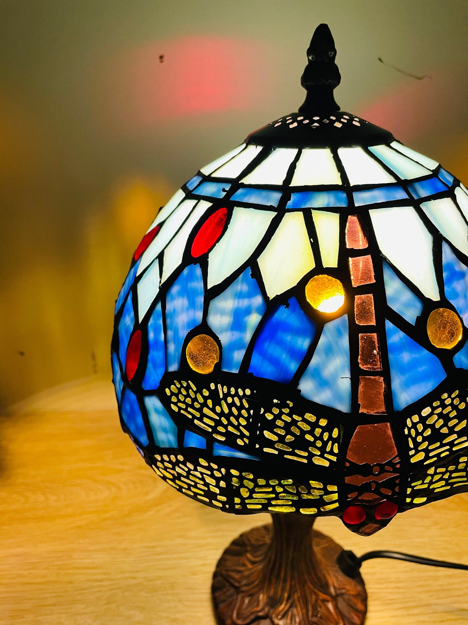 Sky Blue Tiffany Lamp, Dragonfly Style Lamp, Stained Glass, Crystal Bead Lampshade, Stained Glass Lamp Shade, Bedside Lamp,