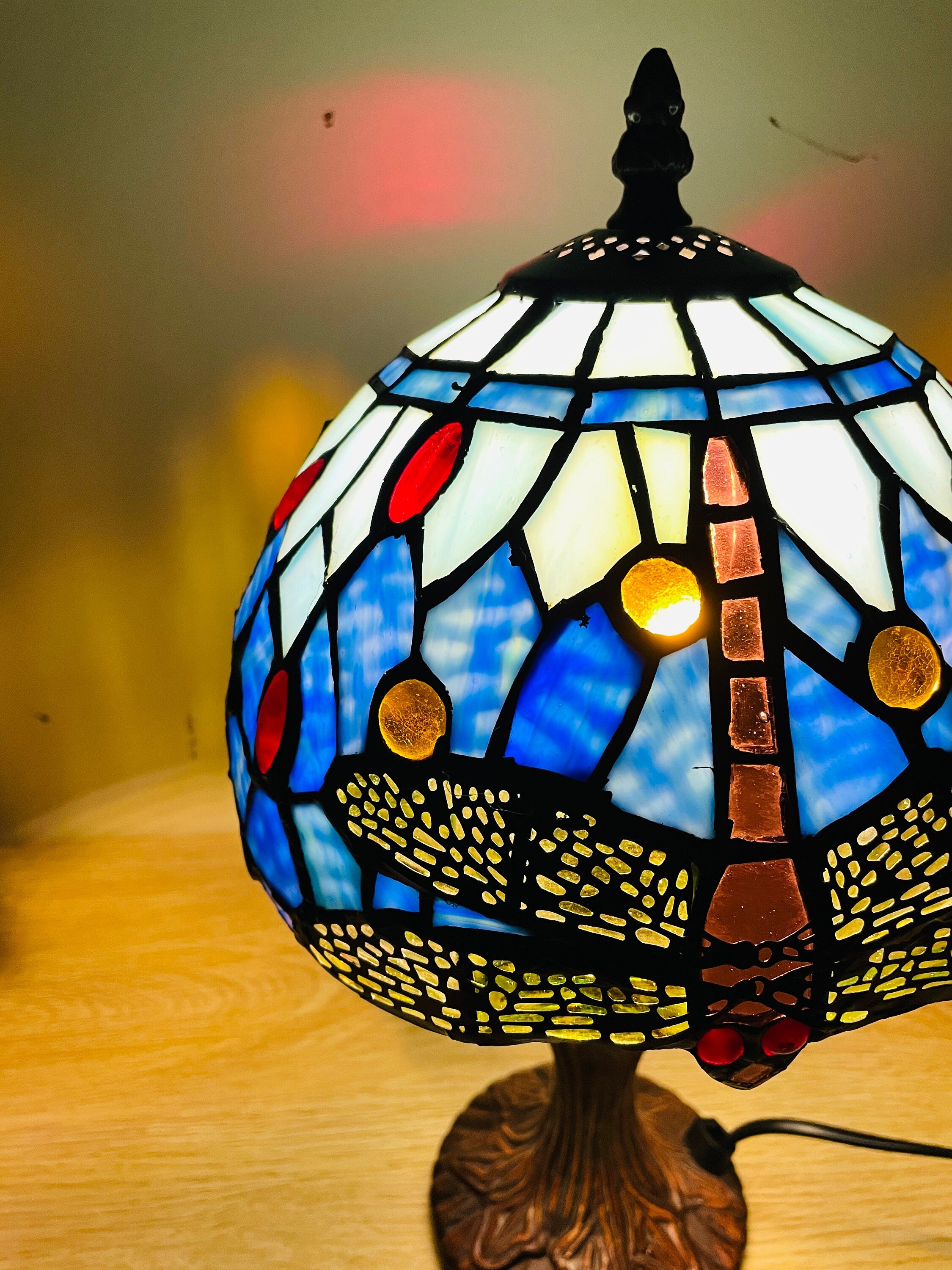 Sky Blue Tiffany Lamp, Dragonfly Style Lamp, Stained Glass, Crystal Bead Lampshade, Stained Glass Lamp Shade, Bedside Lamp,