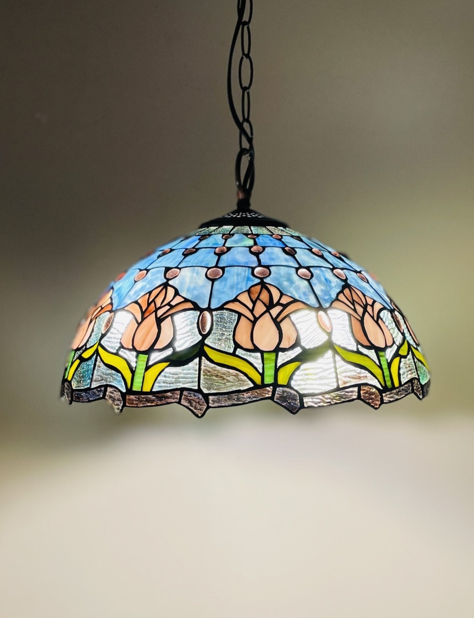 Tulips Tiffany Hanging Lamp 16in, Leadglass Stained Glass Shade, Crystal Bead Lampshade, Chandelier, Pendant Light, Living Room Kitchen Lamp