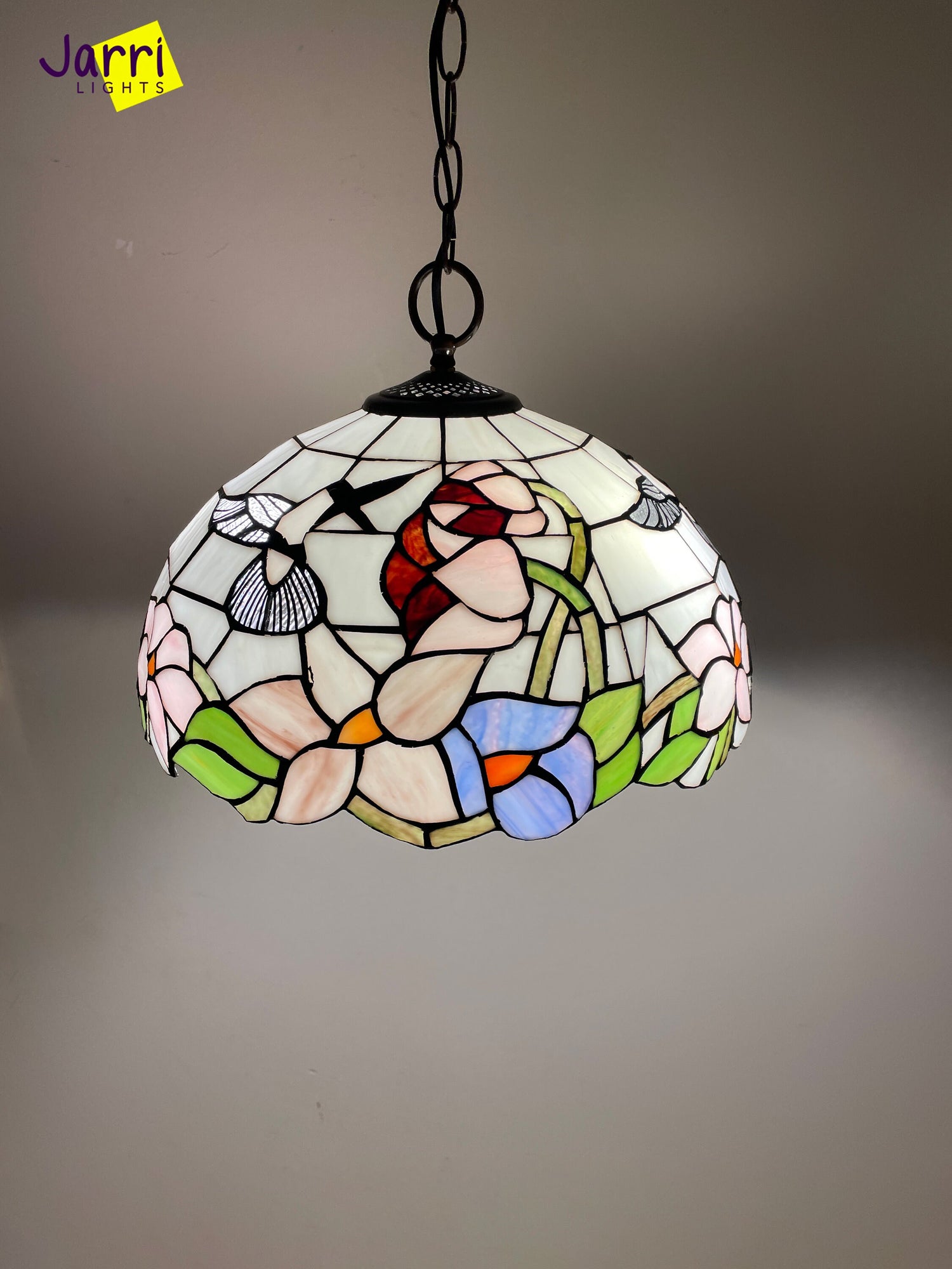 Tiffany Hanging Lamp 16in, Humming Bird Leadglass Stained Glass Crystal Bead Lampshade, Chandelier, Pendant Light, Dining Kitchen Lamp