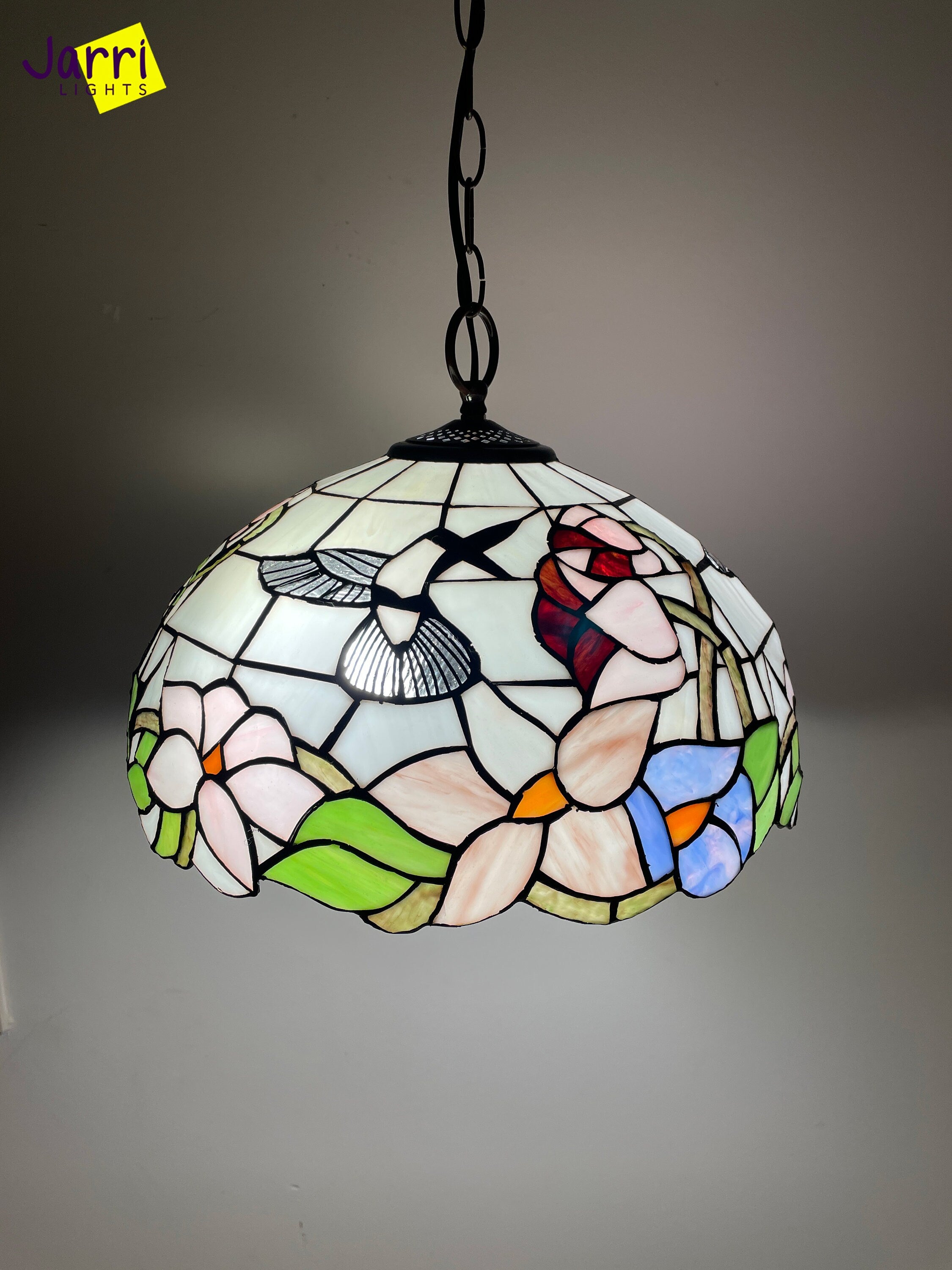Tiffany Hanging Lamp 16in, Humming Bird Leadglass Stained Glass Crystal Bead Lampshade, Chandelier, Pendant Light, Dining Kitchen Lamp