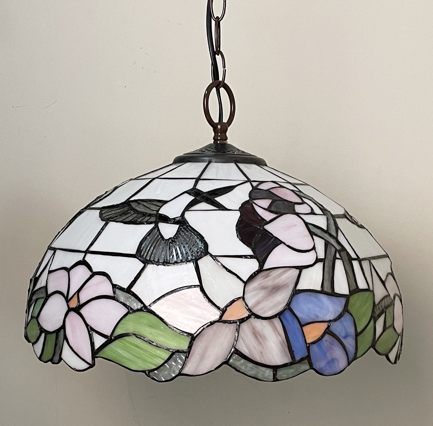Tiffany Hanging Lamp 16in, Humming Bird Leadglass Stained Glass Crystal Bead Lampshade, Chandelier, Pendant Light, Dining Kitchen Lamp